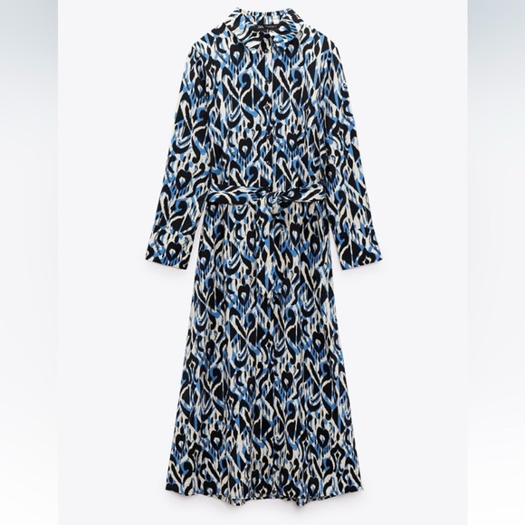 Zara Printed Midi Shirt Dress Women’s Medium Long Sleeve Front Button Closure - Picture 1 of 9